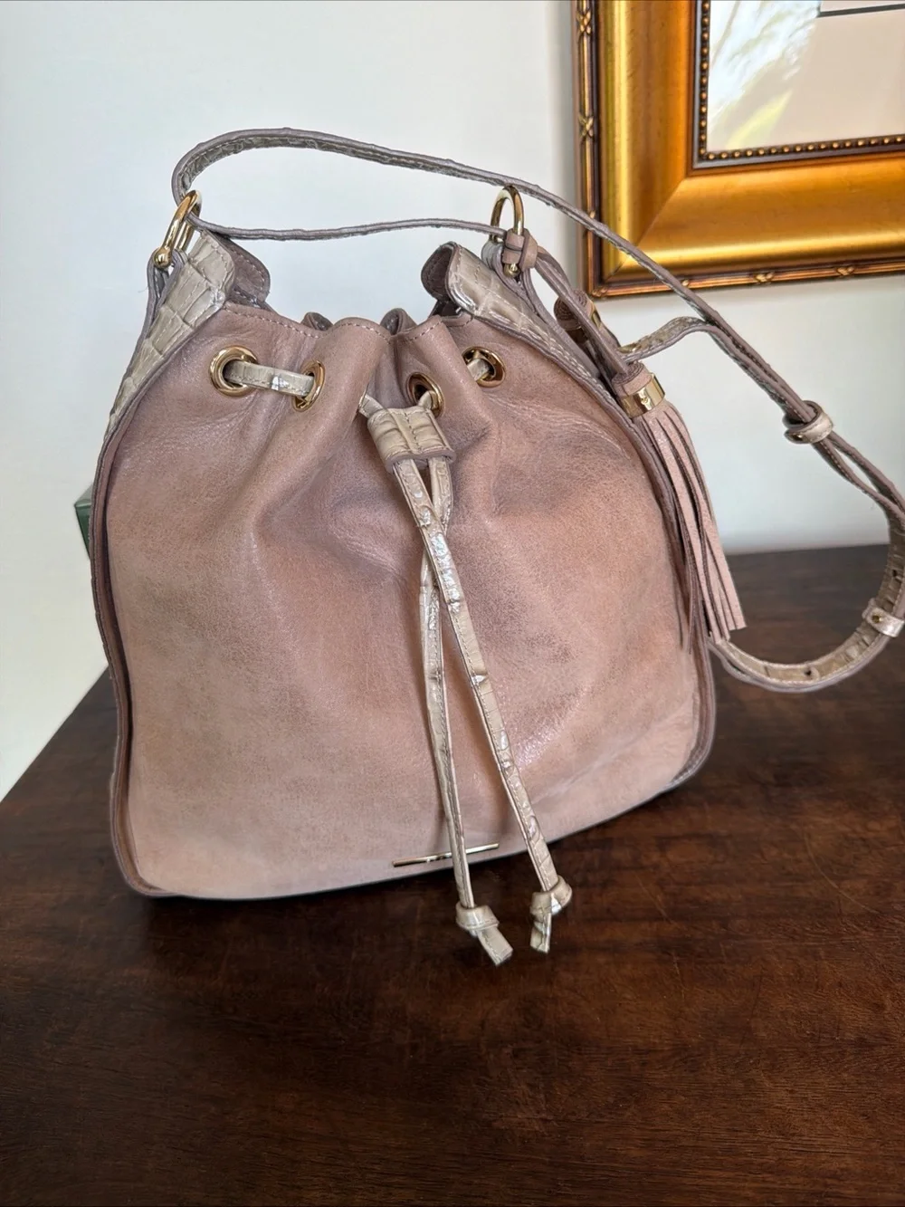Brahmin Blush Taupe Drawstring Hobo Bucket Bag alligator embossed Tassel
